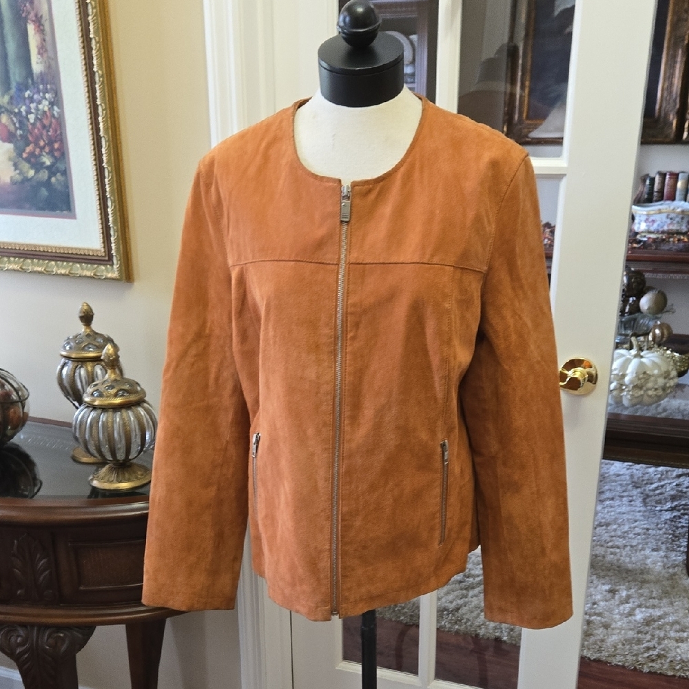 Mark Alan Suede Leather Jacket  Rich Tan / Burnt Orange Lined Long Sleeve sz XL